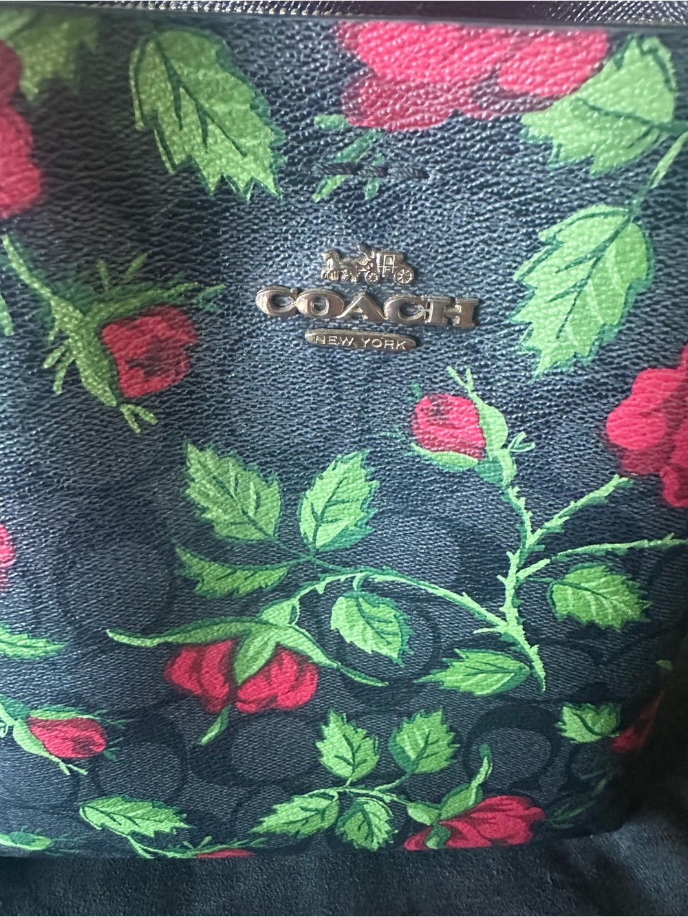 Coach Black Floral Signature Bucket Bag with Red Roses - Picture 2 of 8